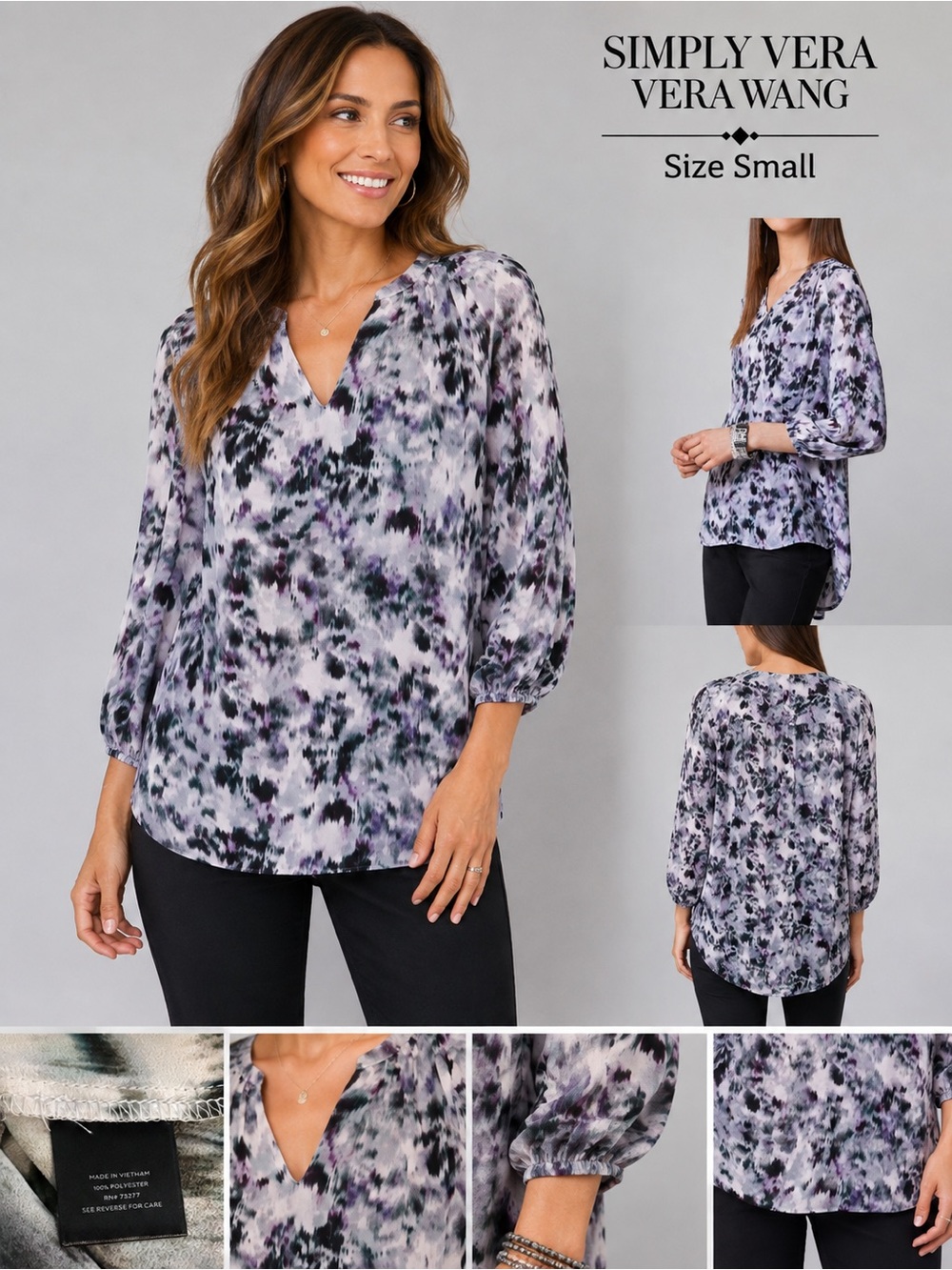 Simply Vera Vera Wang Watercolor Abstract Blouse Size Small Hi Low Tunic Top